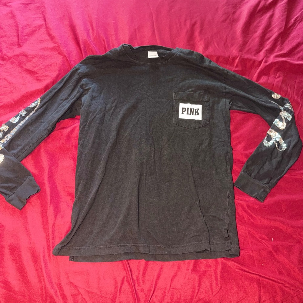 PINK Victoria's Secret Long Sleeve T-Shirt Womens Small Black Sequin Athleisure